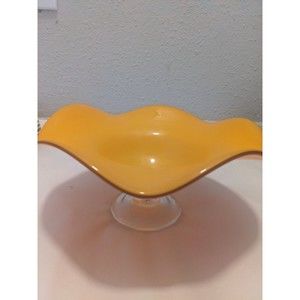 Teleflora MCM Orange Handblown Art Glass Ruffled Footed Compote Pedestal Bowl